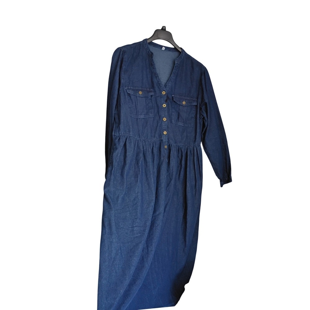Blue Denim Cottagecore Button Front Midi Shirt Dress w/ Pockets 2XL 75% Cotton - Picture 2 of 13